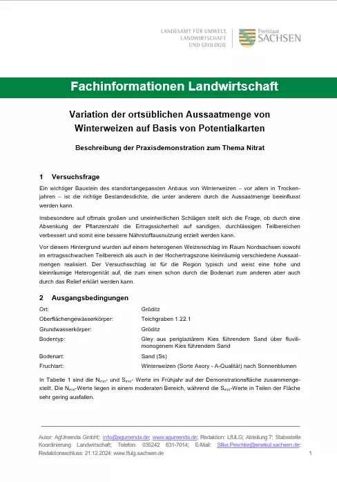 Titelbild für Variation der ortsüblichen Aussaatmenge von Winterweizen auf Basis von Potentialkarten