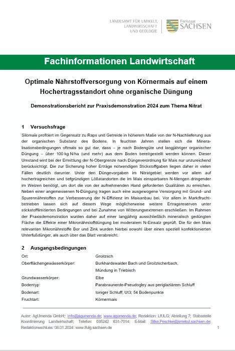 Titelbild für Optimale Nährstoffversorgung von Körnermais auf einem Hochertragsstandort ohne organische Düngung