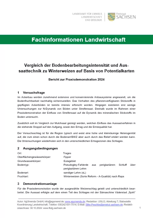 Titelbild für Vergleich der Bodenbearbeitungsintensität und Aussaattechnik zu Winterweizen auf Basis von Potentialkarten